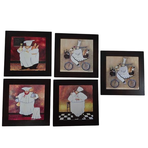 Jennifer Garant “Fat Chef” Set of 5 Framed Ceramic Tile Trivets / Wall Hangings - Picture 11 of 11